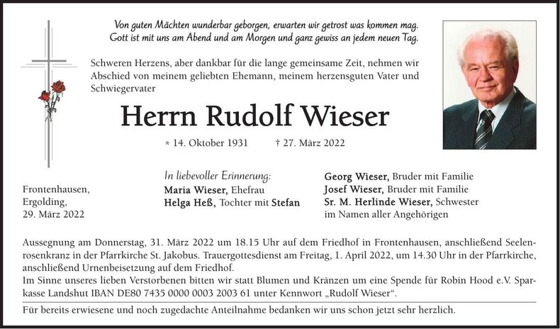 Traueranzeige Rudolf Wieser
