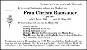 Traueranzeige Christa Ramsauer