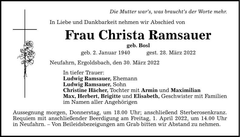 Traueranzeige Christa Ramsauer