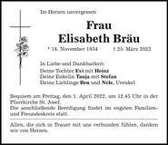 Traueranzeige Elisabeth Bräu