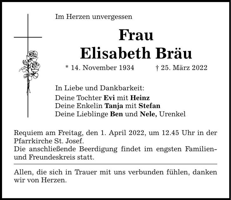 Traueranzeige Elisabeth Bräu