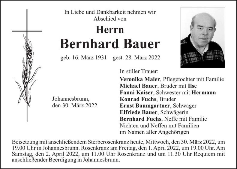 Traueranzeige Bernhard Bauer