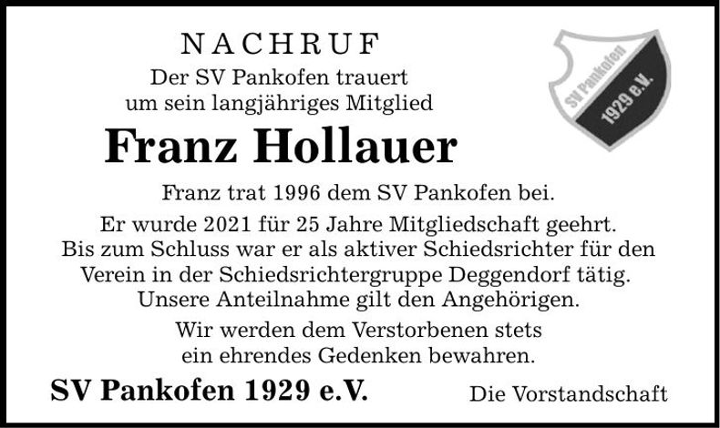 Traueranzeige Franz Hollauer