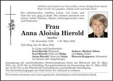 Traueranzeige Anna Aloisia Hierold