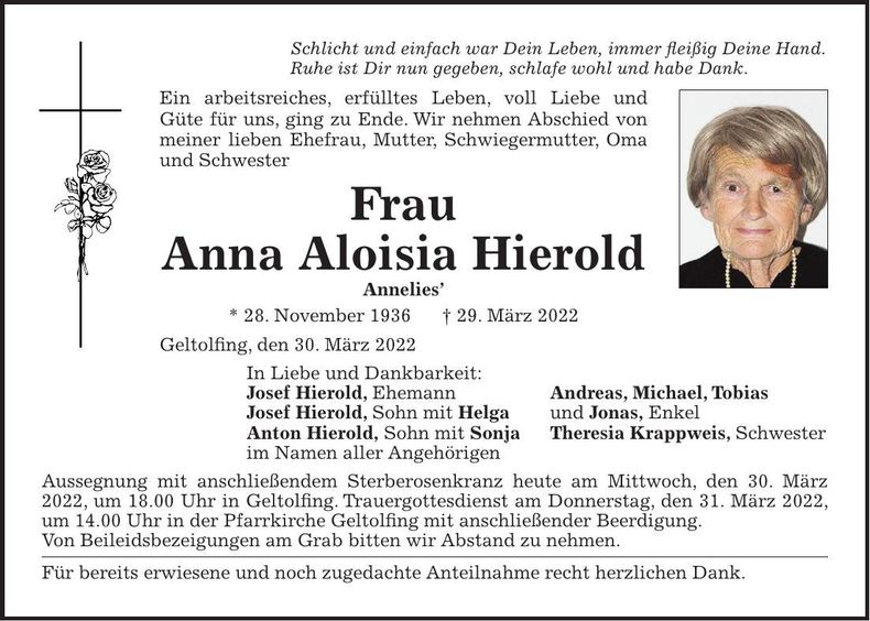 Traueranzeige Anna Aloisia Hierold