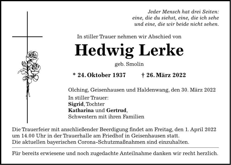 Traueranzeige Hedwig Lerke