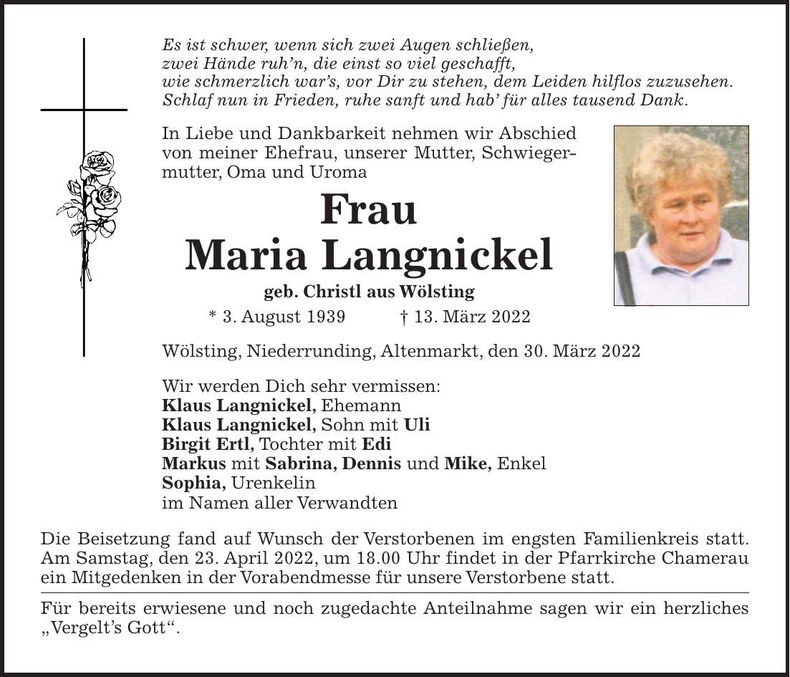 Traueranzeige Maria Langnickel