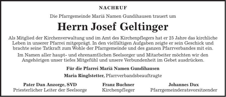 Traueranzeige Josef Geltinger