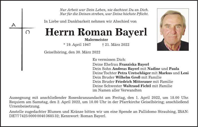 Traueranzeige Roman Bayerl