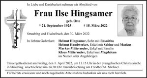 Traueranzeige Ilse Hingsamer