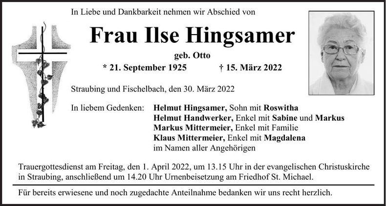Traueranzeige Ilse Hingsamer