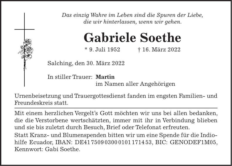 Traueranzeige Gabriele Soethe