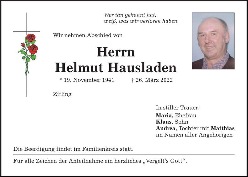Traueranzeige Helmut Hausladen