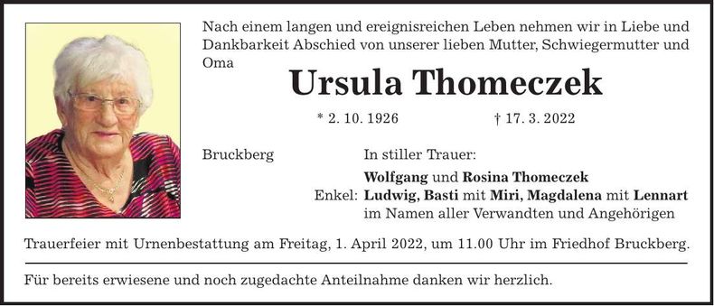 Traueranzeige Ursula Thomeczek
