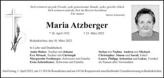 Traueranzeige Maria Atzberger
