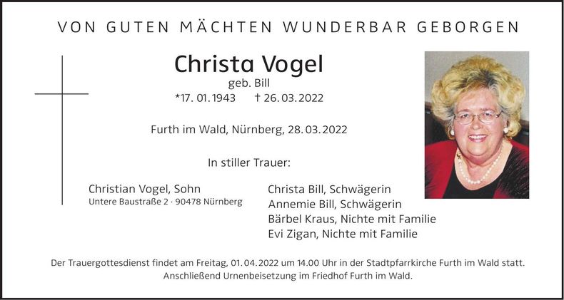 Traueranzeige Christa Vogel