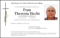 Traueranzeige Theresia Hecht
