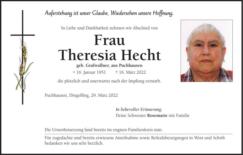 Traueranzeige Theresia Hecht