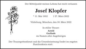 Traueranzeige Josef Klopfer