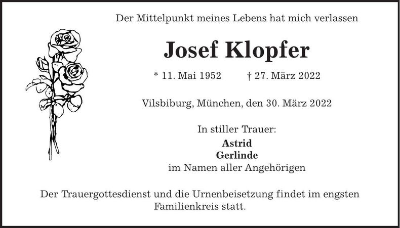 Traueranzeige Josef Klopfer
