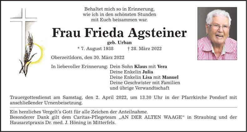 Traueranzeige Frieda Agsteiner