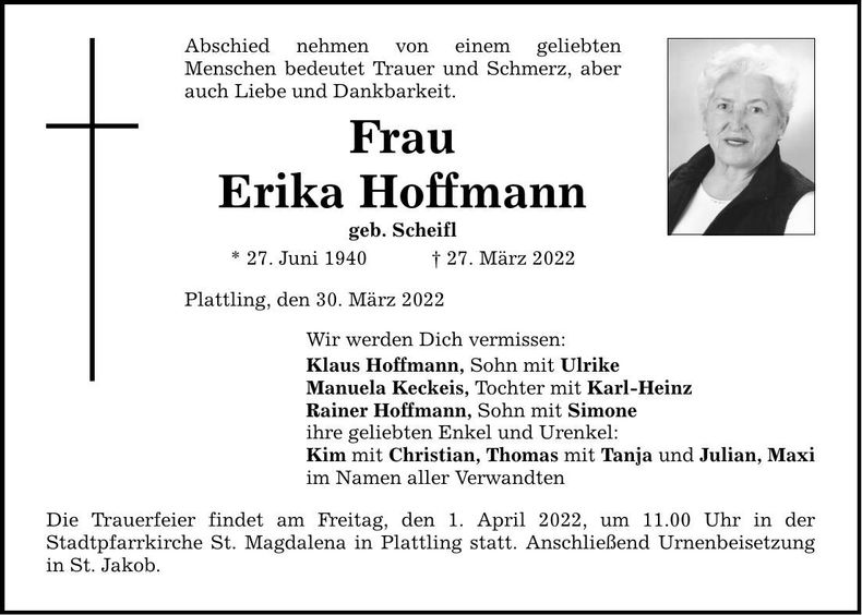 Traueranzeige Erika Hoffmann