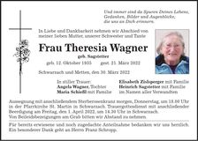 Traueranzeige Theresia Wagner