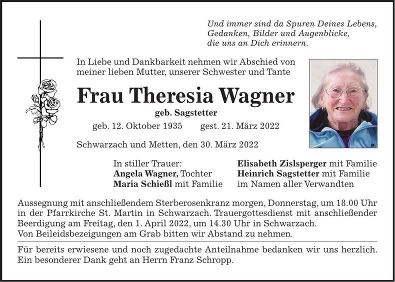 Traueranzeige Theresia Wagner