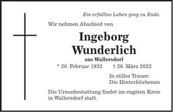 Traueranzeige Ingeborg Wunderlich