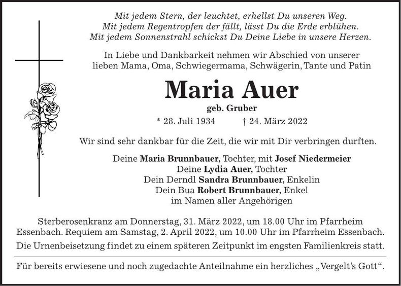 Traueranzeige Maria Auer