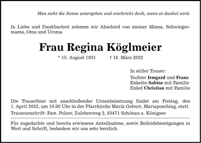 Traueranzeige Regina Köglmeier