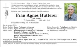 Traueranzeige Agnes Hutterer