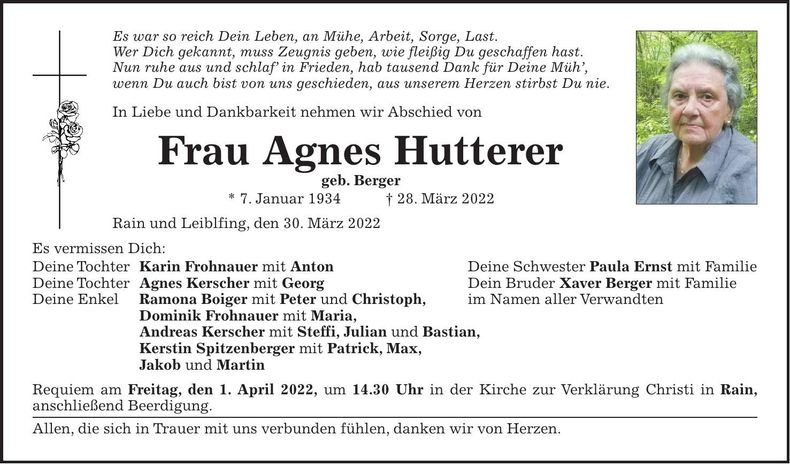 Traueranzeige Agnes Hutterer