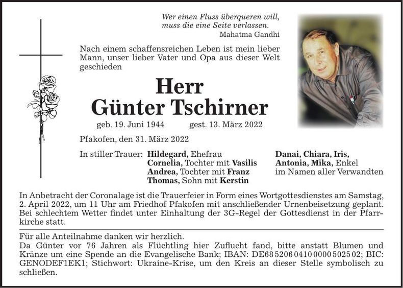 Traueranzeige Günter Tschirner