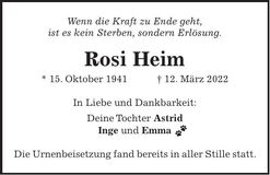 Traueranzeige Rosi Heim