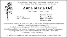 Traueranzeige Anna Maria Hejl
