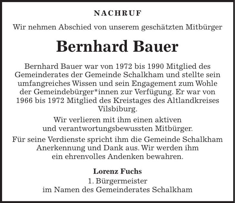 Traueranzeige Bernhard Bauer
