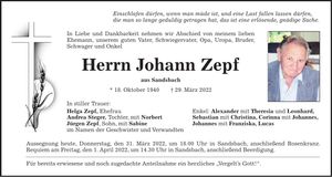 Traueranzeige Johann Zepf