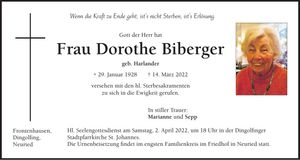 Traueranzeige Dorothe Biberger