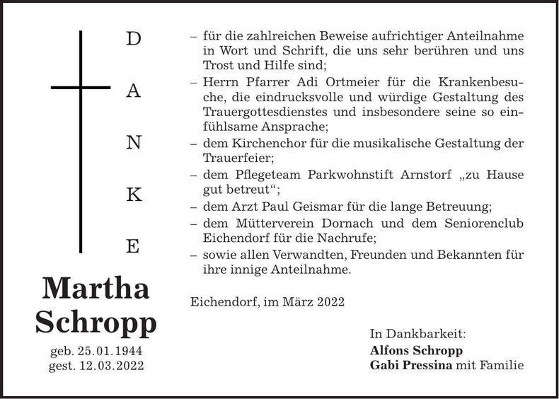 Traueranzeige Martha Schropp