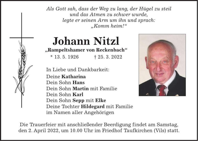 Traueranzeige Johann Nitzl