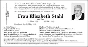 Traueranzeige Elisabeth Stahl