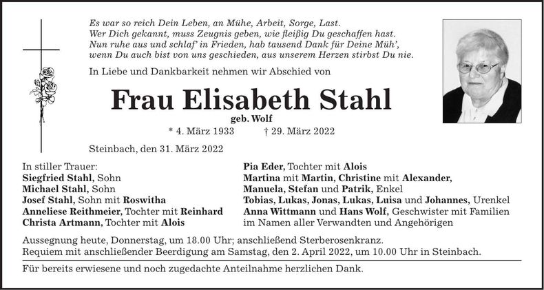Traueranzeige Elisabeth Stahl