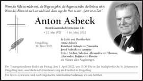Traueranzeige Anton Asbeck