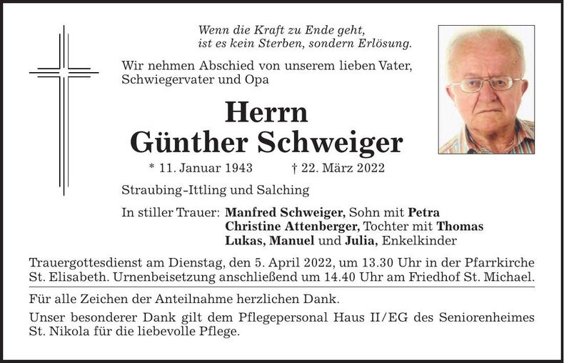 Traueranzeige Günther Schweiger