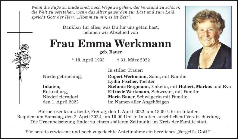Traueranzeige Emma Werkmann