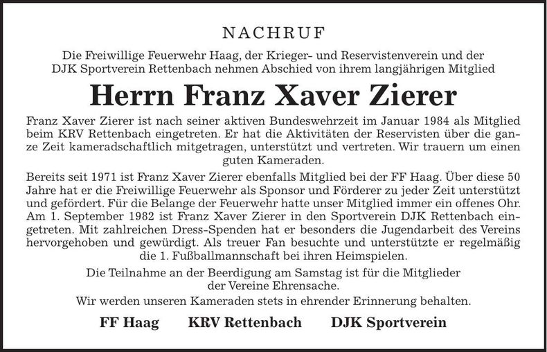 Traueranzeige Franz-Xaver Zierer