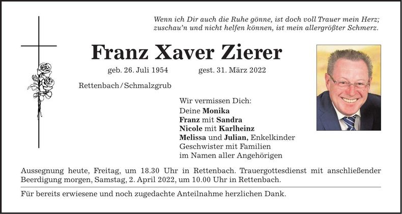 Traueranzeige Franz Xaver Zierer