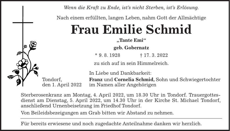 Traueranzeige Emilie Schmid