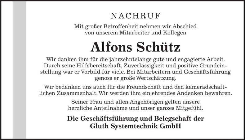 Traueranzeige Alfons Schütz